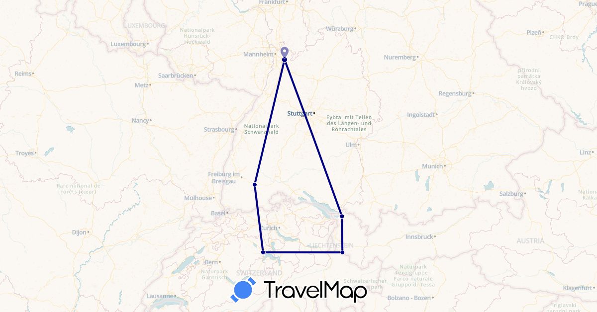 TravelMap itinerary: driving in Austria, Switzerland, Germany (Europe)